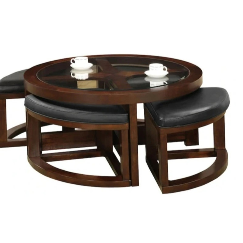 Hokku Designs Dark Walnut Coffee Table Glass Insert Top Ottoman
